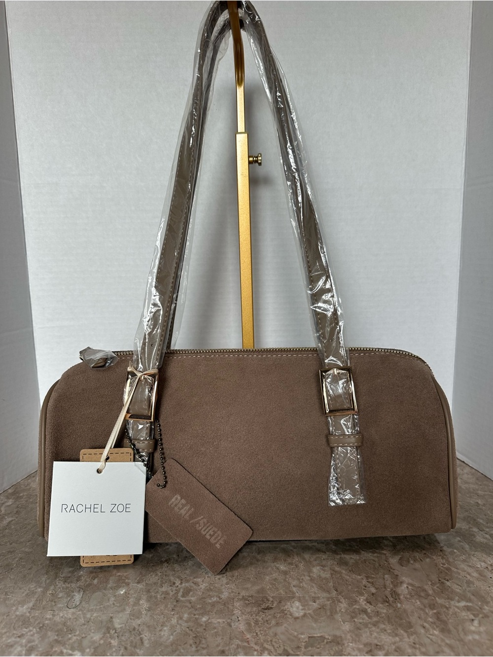NWT Rachel Zoe Brown Genuine Suede East West Barrel Shoulder Bag Clean Girl Chic